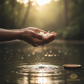 Dark brown-skinned cupped hands giving into a calm glowing body of water, representing generosity and giving