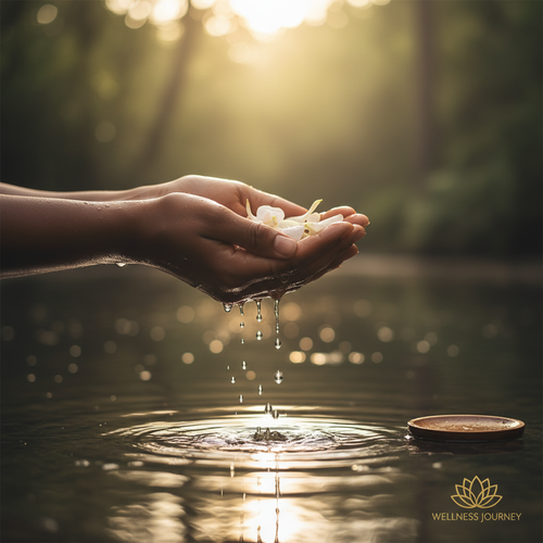 Dark brown-skinned cupped hands giving into a calm glowing body of water, representing generosity and giving