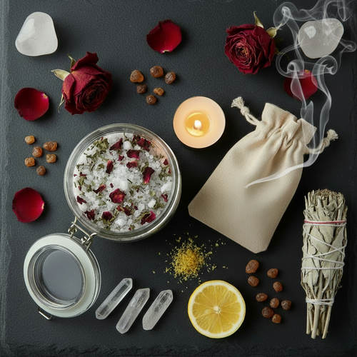 Mason jar of Divine Intuition Release bath salts with lemon, frankincense, rose petals, sage, tealight candle and drawstring bag on dark slate surface